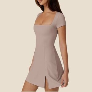 Qinsen Square Neck Short Sleeve Tennis Dress With Pockets, Medium, Rose Taupe